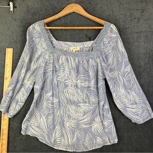 Como Blu Blue Smocked 3/4 Sleeve Relaxed Blouse Sz